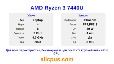 AMD Ryzen 3 7440U Характеристики и бенчмарки CPU