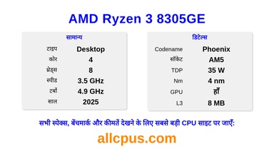 AMD Ryzen 3 8305GE CPU की स्पेसिफिकेशन और बेंचमार्क