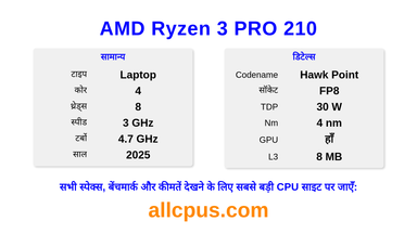 AMD Ryzen 3 PRO 210 CPU की स्पेसिफिकेशन और बेंचमार्क