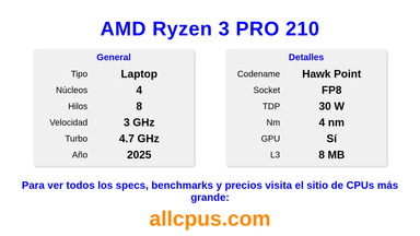 AMD Ryzen 3 PRO 210 Especificaciones y benchmarks de la CPU