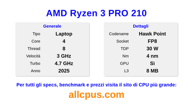 AMD Ryzen 3 PRO 210 Specifiche e benchmark della CPU