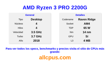 AMD Ryzen 3 PRO 2200G Especificaciones y benchmarks de la CPU