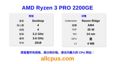 AMD Ryzen 3 PRO 2200GE CPU 规格和跑分