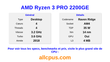 AMD Ryzen 3 PRO 2200GE Spécifications et benchmarks du CPU