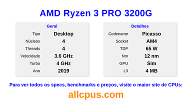AMD Ryzen 3 PRO 3200G Especificações e benchmarks da CPU