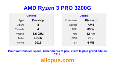 AMD Ryzen 3 PRO 3200G Spécifications et benchmarks du CPU
