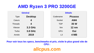 AMD Ryzen 3 PRO 3200GE Spécifications et benchmarks du CPU