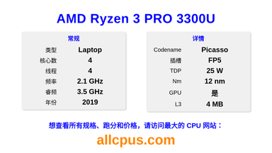 AMD Ryzen 3 PRO 3300U CPU 规格和跑分