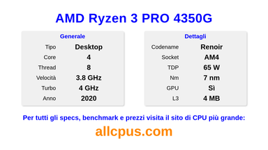 AMD Ryzen 3 PRO 4350G Specifiche e benchmark della CPU