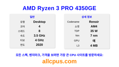 AMD Ryzen 3 PRO 4350GE CPU 사양과 벤치마크