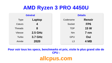 AMD Ryzen 3 PRO 4450U Spécifications et benchmarks du CPU