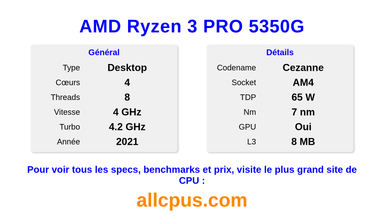 AMD Ryzen 3 PRO 5350G Spécifications et benchmarks du CPU