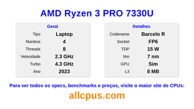 AMD Ryzen 3 PRO 7330U Especificações e benchmarks da CPU