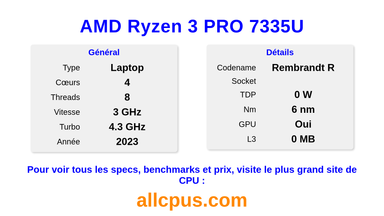 AMD Ryzen 3 PRO 7335U Spécifications et benchmarks du CPU