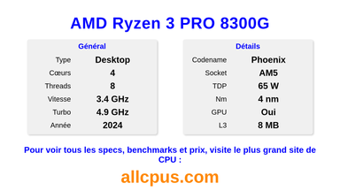 AMD Ryzen 3 PRO 8300G Spécifications et benchmarks du CPU