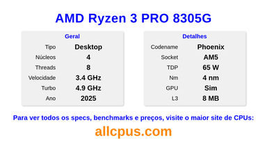 AMD Ryzen 3 PRO 8305G Especificações e benchmarks da CPU