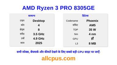 AMD Ryzen 3 PRO 8305GE CPU की स्पेसिफिकेशन और बेंचमार्क