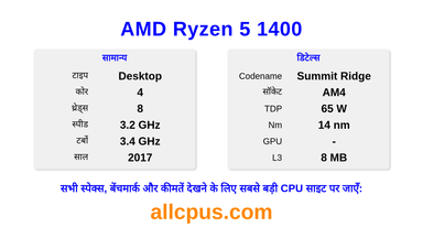 AMD Ryzen 5 1400 CPU की स्पेसिफिकेशन और बेंचमार्क