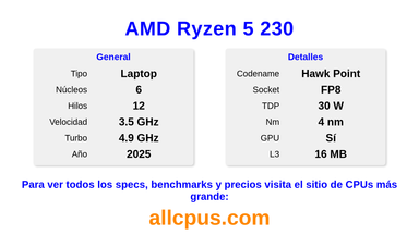 AMD Ryzen 5 230 Especificaciones y benchmarks de la CPU