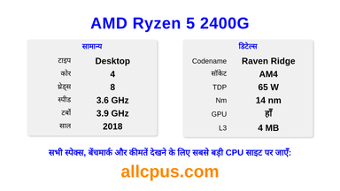 AMD Ryzen 5 2400G CPU की स्पेसिफिकेशन और बेंचमार्क