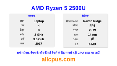 AMD Ryzen 5 2500U CPU की स्पेसिफिकेशन और बेंचमार्क