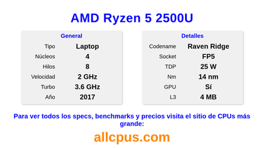 AMD Ryzen 5 2500U Especificaciones y benchmarks de la CPU