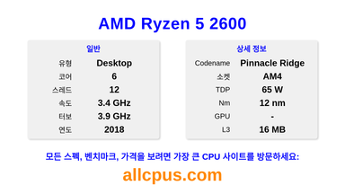 AMD Ryzen 5 2600 CPU 사양과 벤치마크