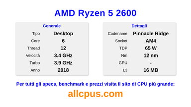 AMD Ryzen 5 2600 Specifiche e benchmark della CPU