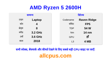 AMD Ryzen 5 2600H CPU की स्पेसिफिकेशन और बेंचमार्क