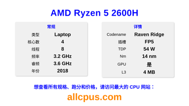 AMD Ryzen 5 2600H CPU 规格和跑分