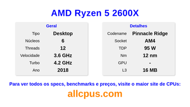 AMD Ryzen 5 2600X Especificações e benchmarks da CPU