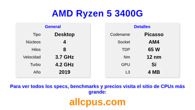 AMD Ryzen 5 3400G Especificaciones y benchmarks de la CPU
