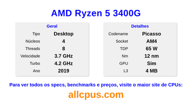 AMD Ryzen 5 3400G Especificações e benchmarks da CPU