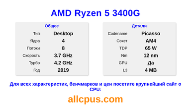 AMD Ryzen 5 3400G Характеристики и бенчмарки CPU
