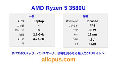 AMD Ryzen 5 3580U CPUの仕様とベンチマーク