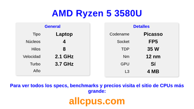 AMD Ryzen 5 3580U Especificaciones y benchmarks de la CPU
