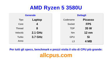 AMD Ryzen 5 3580U Specifiche e benchmark della CPU