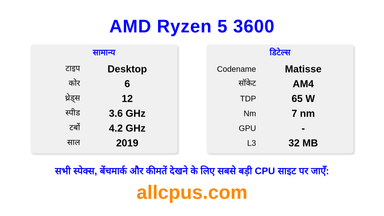 AMD Ryzen 5 3600 CPU की स्पेसिफिकेशन और बेंचमार्क