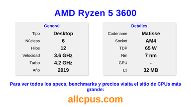 AMD Ryzen 5 3600 Especificaciones y benchmarks de la CPU