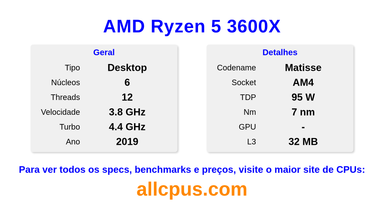 AMD Ryzen 5 3600X Especificações e benchmarks da CPU
