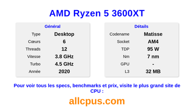 AMD Ryzen 5 3600XT Spécifications et benchmarks du CPU