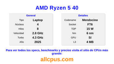 AMD Ryzen 5 40 Especificaciones y benchmarks de la CPU
