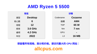AMD Ryzen 5 5500 CPU 规格和跑分