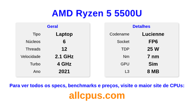 AMD Ryzen 5 5500U Especificações e benchmarks da CPU