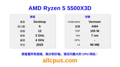 AMD Ryzen 5 5500X3D CPU 规格和跑分