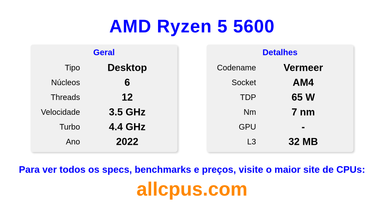 AMD Ryzen 5 5600 Especificações e benchmarks da CPU