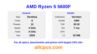 AMD Ryzen 5 5600F CPU Specifications and Benchmark