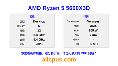 AMD Ryzen 5 5600X3D CPU 规格和跑分