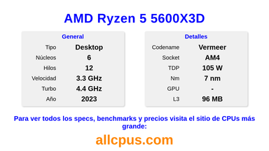 AMD Ryzen 5 5600X3D Especificaciones y benchmarks de la CPU