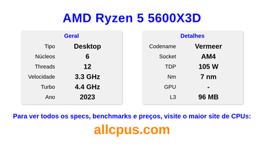 AMD Ryzen 5 5600X3D Especificações e benchmarks da CPU